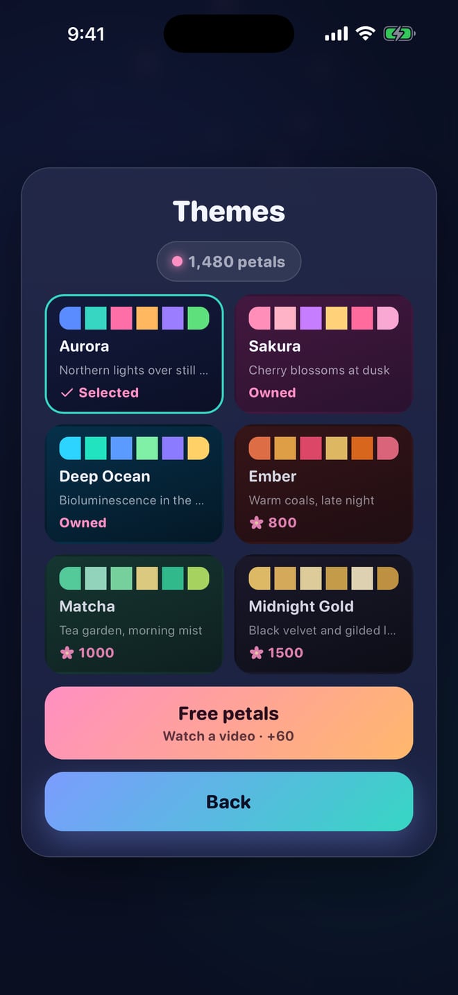 The theme picker showing six themes