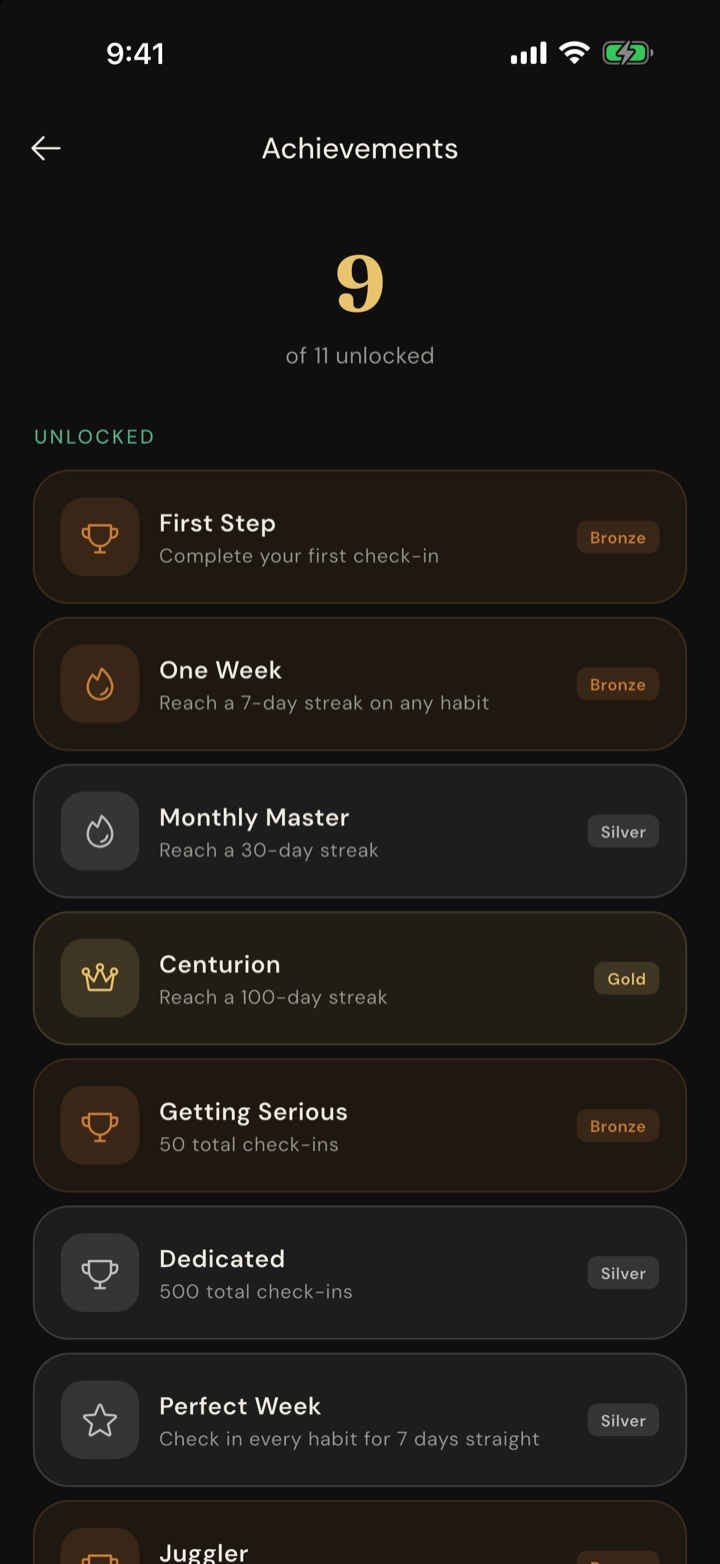 The Achievements screen showing 9 of 11 unlocked, including First Step, One Week, Monthly Master and Centurion, each marked bronze, silver or gold
