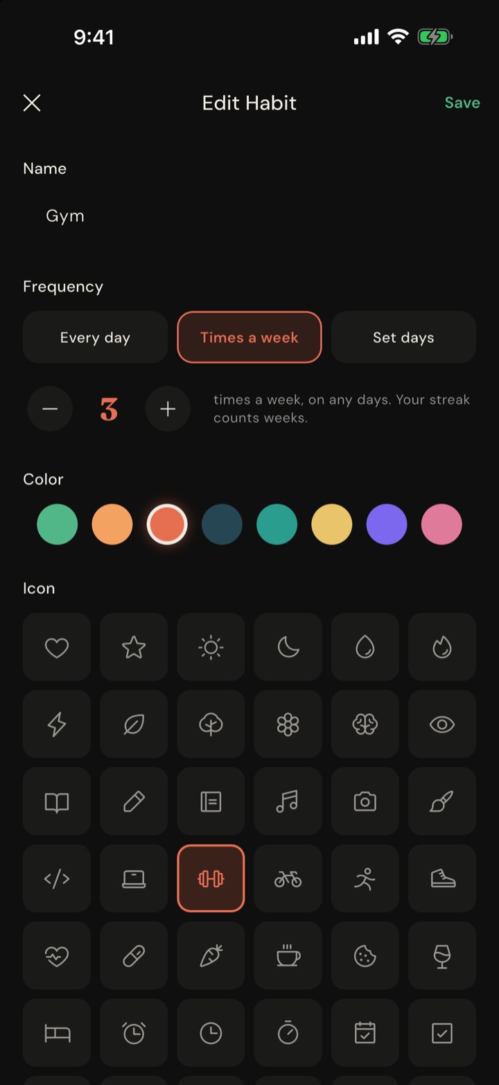 The Edit Habit screen for a habit named Gym, with a row of eight colours and a grid of icons to choose from