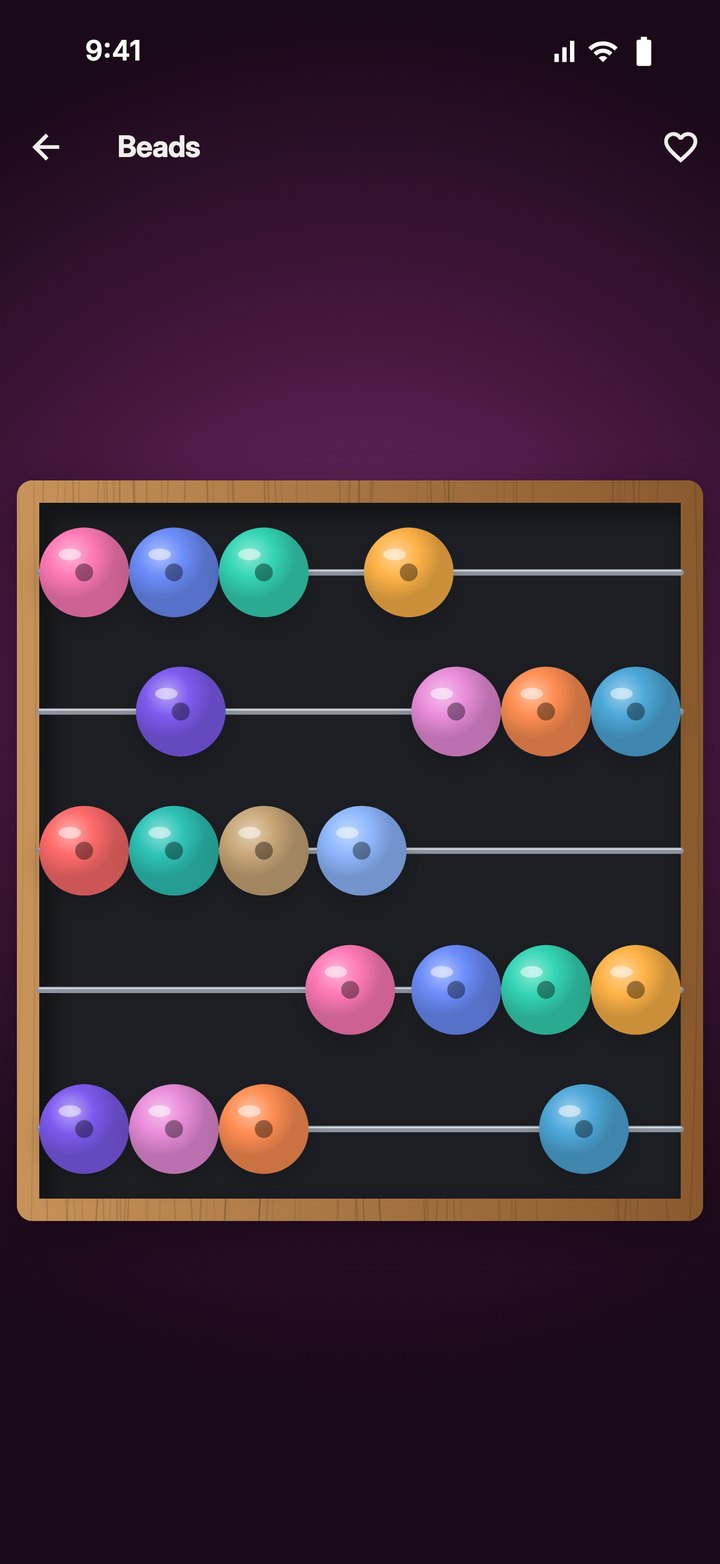 A wooden frame with five rods of coloured beads, some slid along their rods