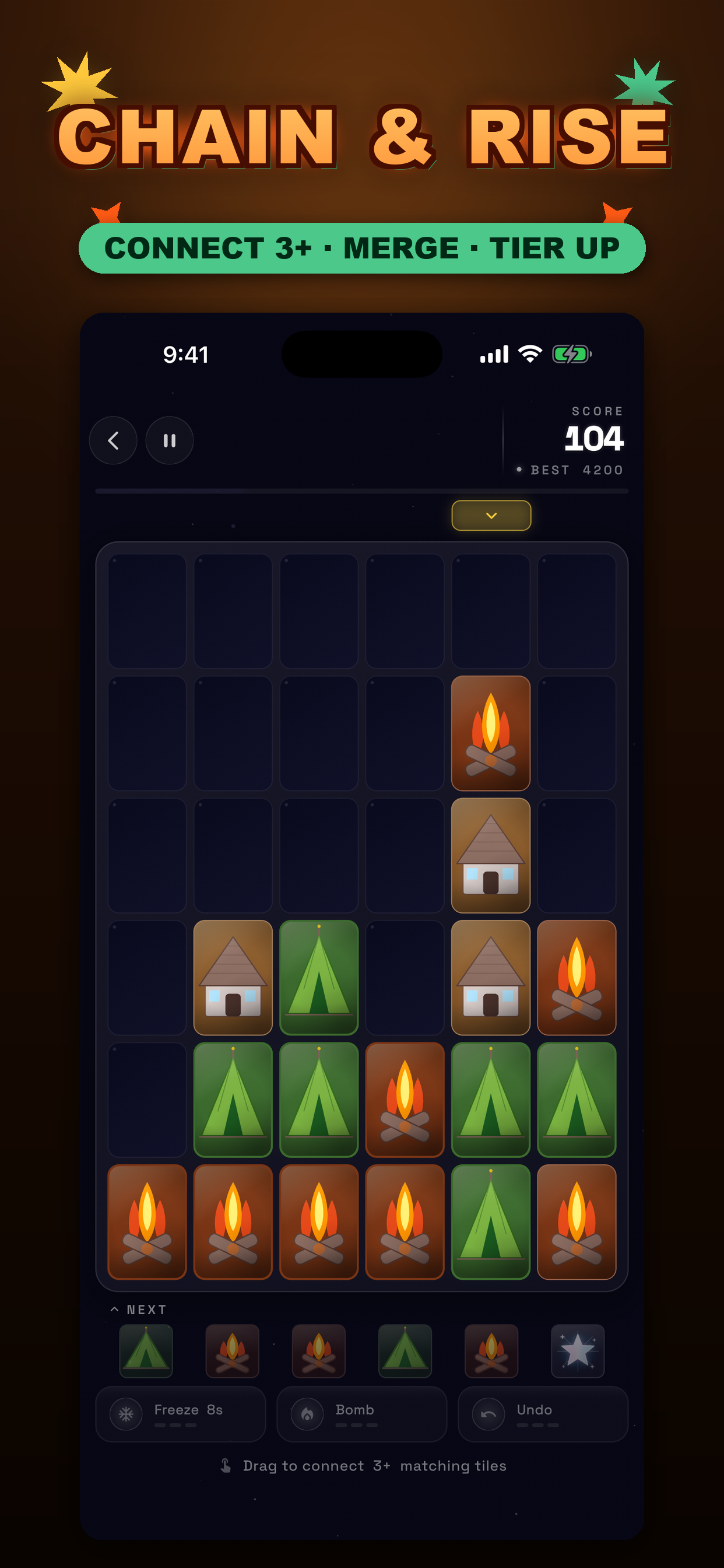 Live gameplay — tile chains mid-merge