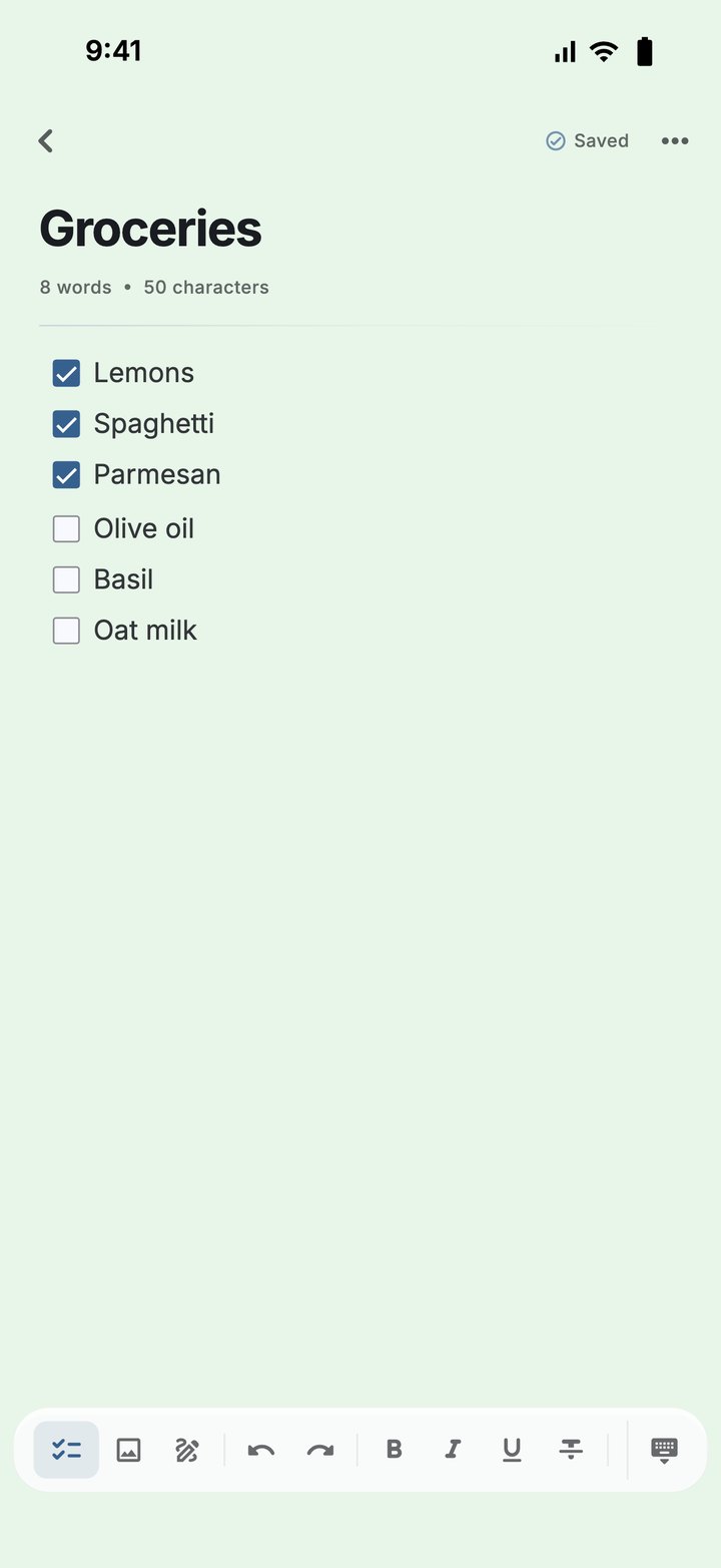 A checklist note titled Groceries on a green background with three of six items ticked