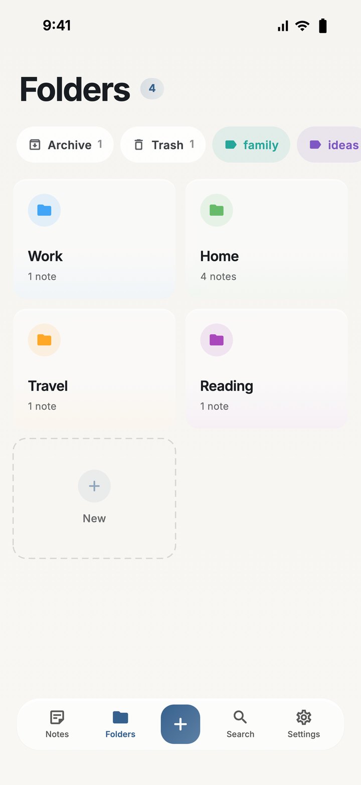 The Folders tab with Archive and Trash shortcuts, tag chips and four folders named Work, Home, Travel and Reading