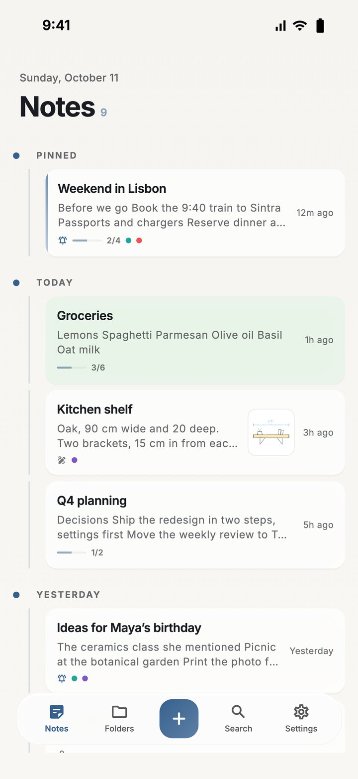 The Nota home screen: a list of notes grouped under Pinned, Today and Yesterday, with a checklist count and a sketch thumbnail on some cards