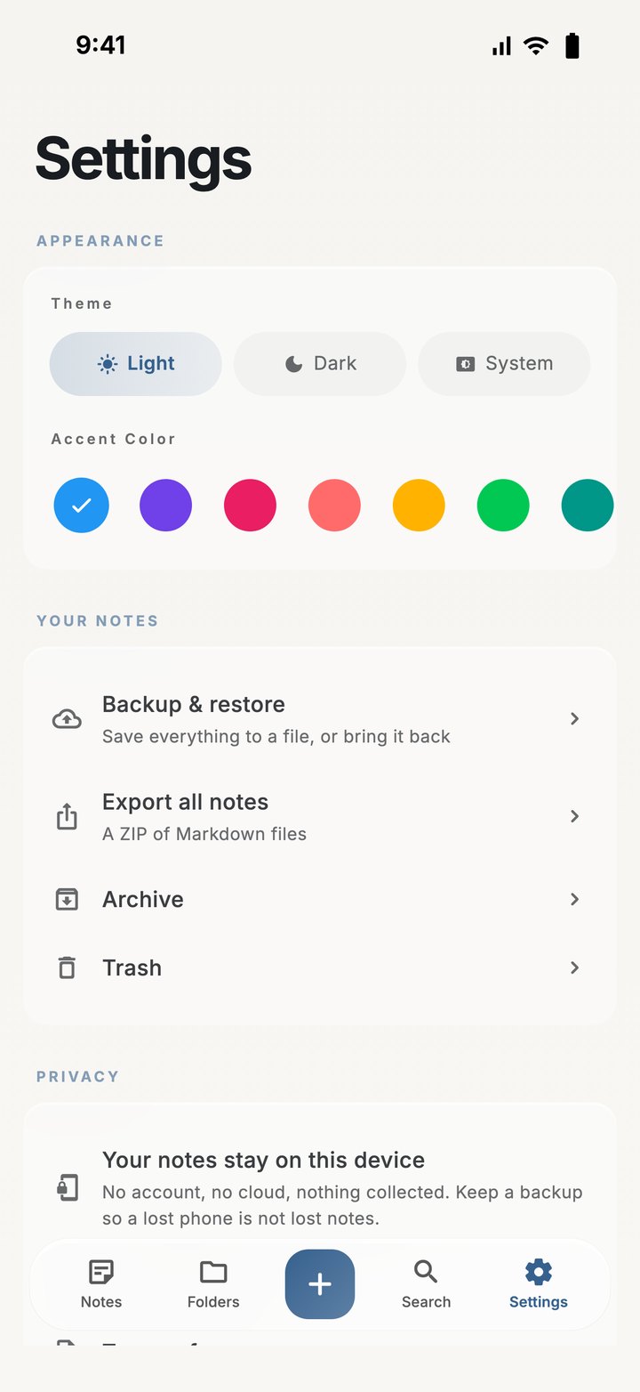 The Settings screen with Light, Dark and System themes, a row of accent colours, and Backup and restore, Export all notes, Archive and Trash