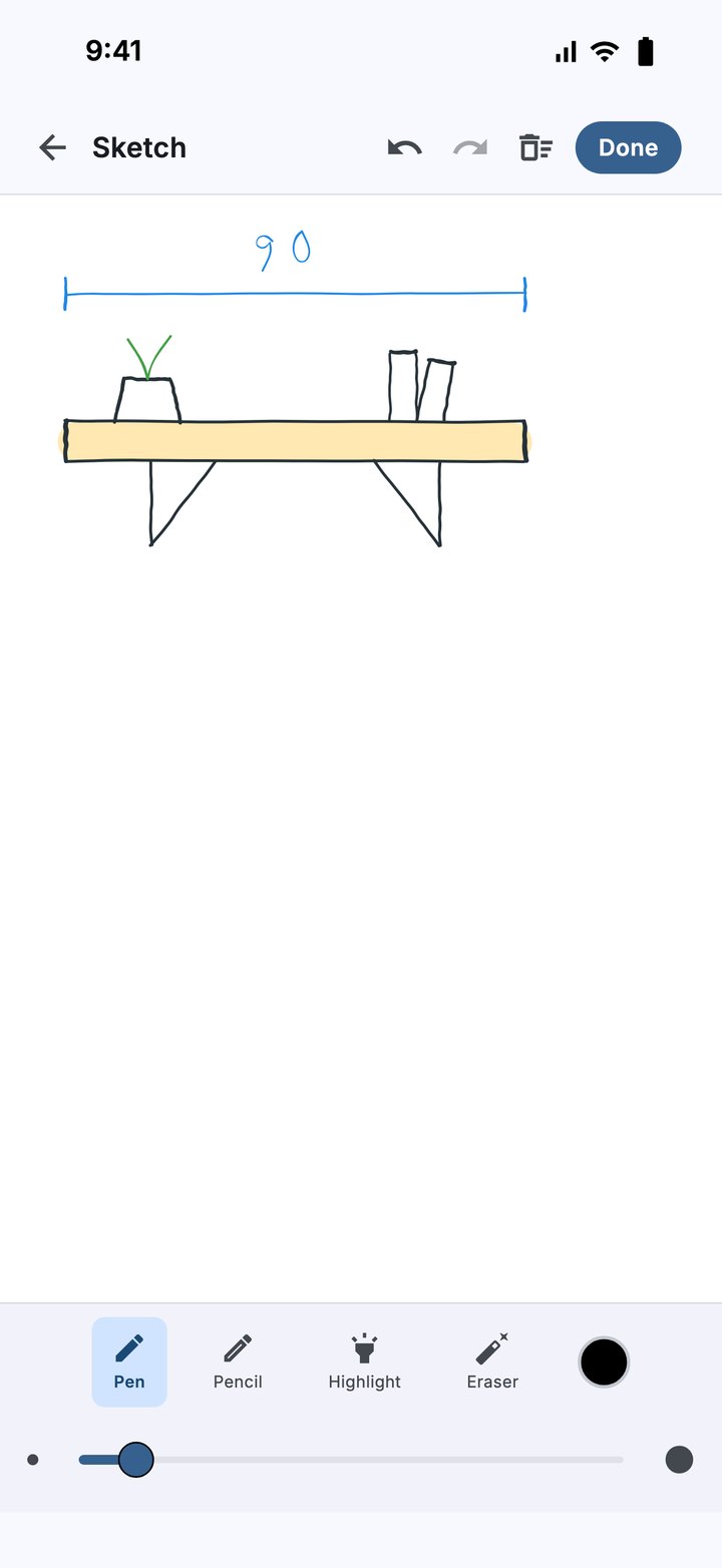 The sketch screen showing a drawing of a shelf, with pen, pencil, highlight and eraser tools, a colour button and a stroke width slider