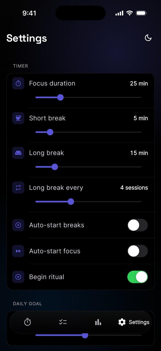 Settings with sliders for focus, short break and long break lengths