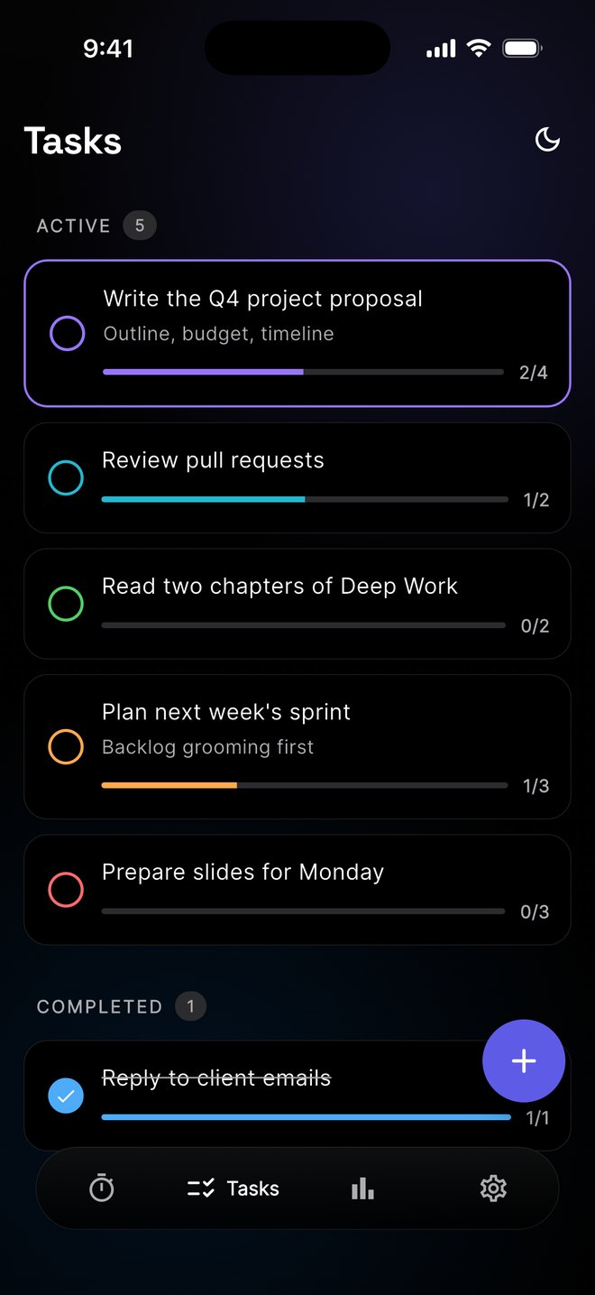 A task list with progress bars showing sessions done against sessions planned