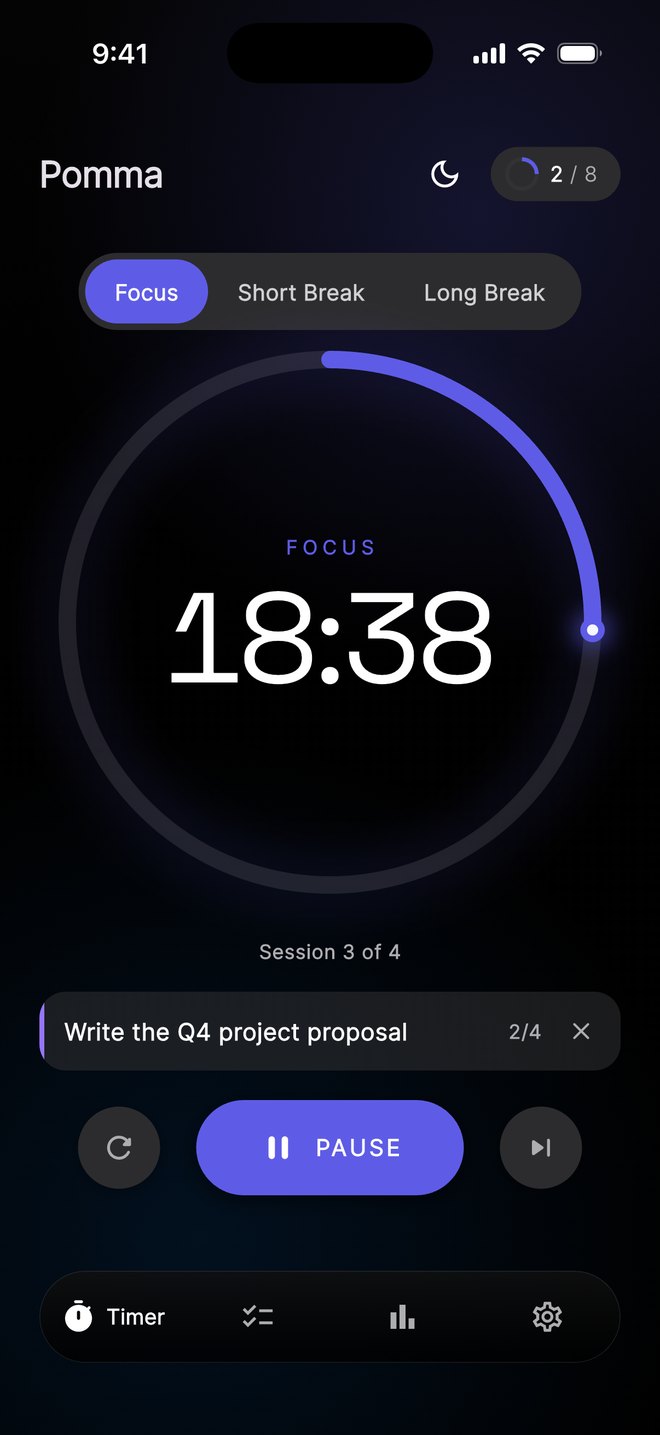 Pomma's timer partway through a 25-minute focus session on a writing task