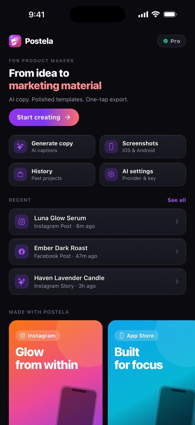 Postela's home screen with Generate copy, Screenshots, History and AI settings