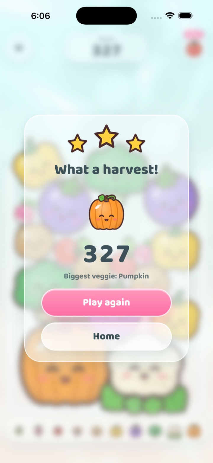 What a harvest! game over screen with three stars